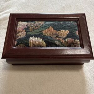 Vintage‎ Wood Floral Tapestry Jewelry Box with Removeable Tray Mirror 8x3.5x5"